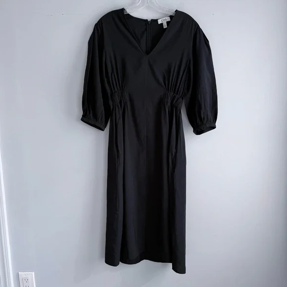 COS Black Midi V-Neck A-Line Dress Black Size 4 Modest Minimalist Elastic Waist - Picture 6 of 16
